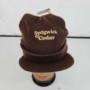 Sedgwick & Cedar Mens Beanie Hat Brown Brim Knit Logo Fitted Winter One Size New